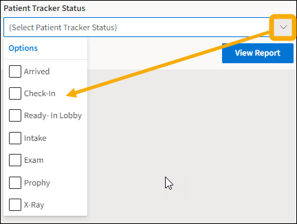 Patient Tracker Status with yellow highlight box around the drop down arrow with a yellow arrow pointing downwards to the selection options.